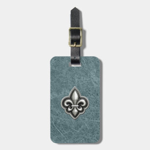 Etiqueta Para Maletas Flor de lis de plata en mirada de cuero verde