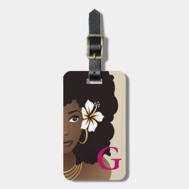 Etiqueta Para Maletas Flor negra en el pelo, monograma, rosado y beige