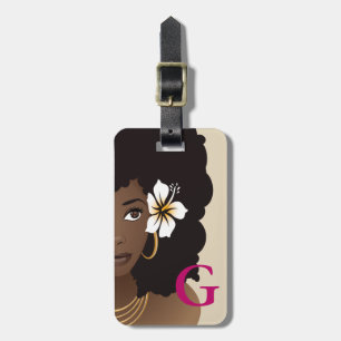 Etiqueta Para Maletas Flor negra en el pelo, monograma, rosado y beige