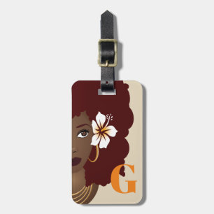 Etiqueta Para Maletas Flor negra en rojo afro, Naranja, inicial
