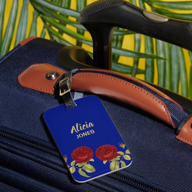 Etiqueta Para Maletas Flor roja y hojas azules (Anverso In situ 1)