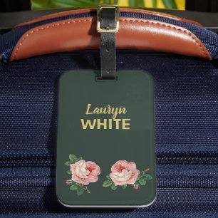 Etiqueta Para Maletas Flor rosa y hojas en verde oscuro