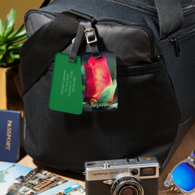 Etiqueta Para Maletas Flor Rosebud roja personalizada (Anverso & Reverso)