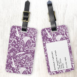 Etiqueta Para Maletas Flor silvestre Pluma Botánica Púrpura Personalizad<br><div class="desc">Siluetas botánicas florales de bonito de naturaleza,  follaje blanco,  hojas y flores silvestres sobre un fondo morado. Cambie la información de contacto al revés.</div>