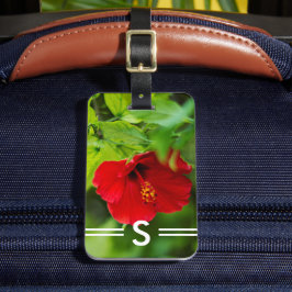 Etiqueta Para Maletas Flor tropical hawaiana roja hibiscus + iniciales