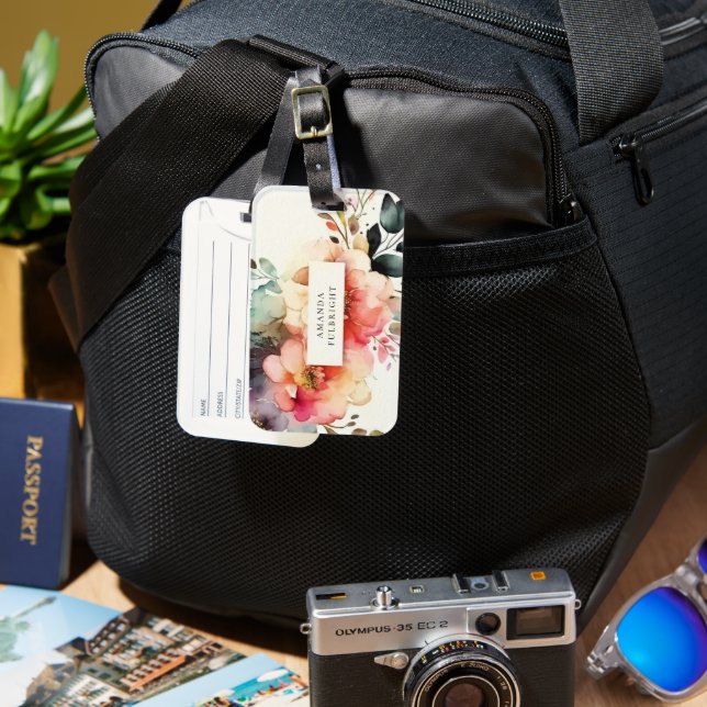Etiqueta Para Maletas Floral acuarela elegante botánica personalizada (Anverso & Reverso)