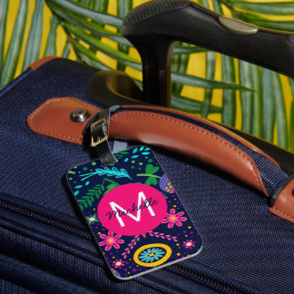 Etiqueta Para Maletas Floral floral azul brillante y colorido personaliz