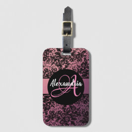 Etiqueta Para Maletas Floral morena oscura sobre monograma rosado