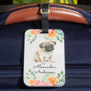 Etiqueta Para Maletas Floral personalizada de pug pipa