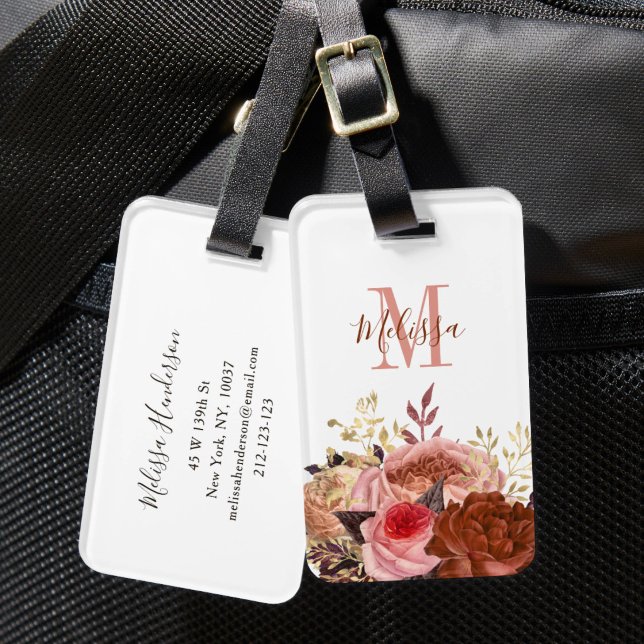 Etiqueta Para Maletas Floral Rosa Monogramada  (Monogrammed Pink Floral Luggage Tag)