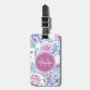 Etiqueta Para Maletas Floral suculento púrpura y azul elegante con