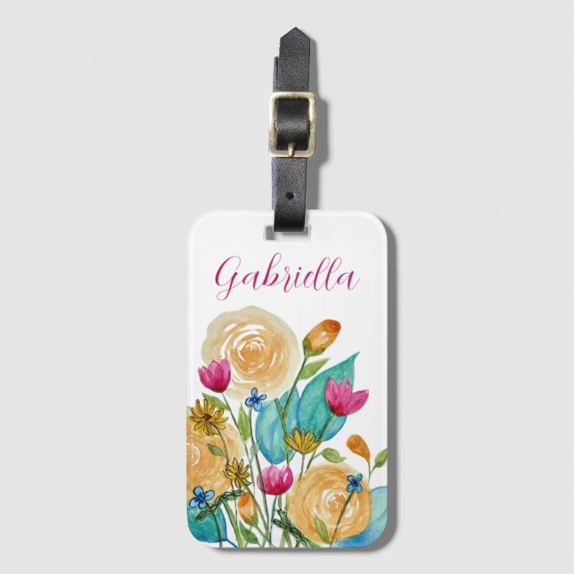 Etiqueta Para Maletas Flores acuarelas de nombre personalizado (Anverso vertical)