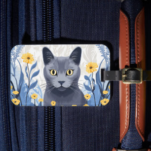 Etiqueta Para Maletas Flores amarillas de gato azul ruso