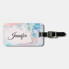 Etiqueta Para Maletas Flores azules de bonito en fondo rosado