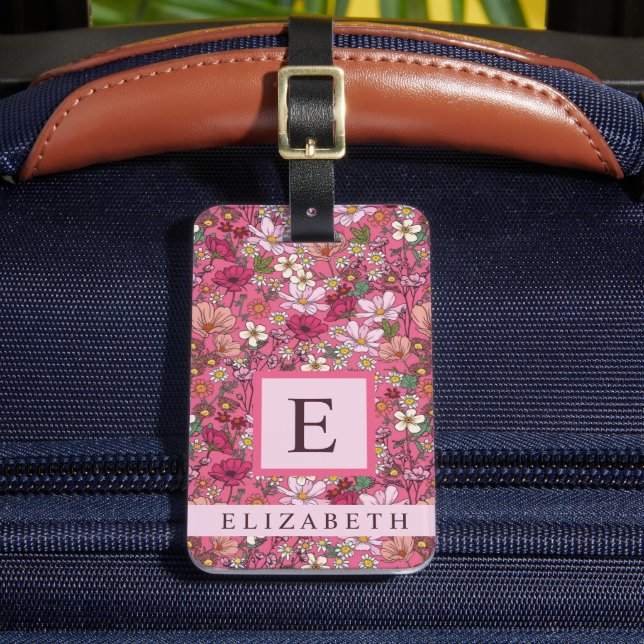 Etiqueta Para Maletas Flores blancas personalizadas Flores rosadas (Anverso In situ 2)