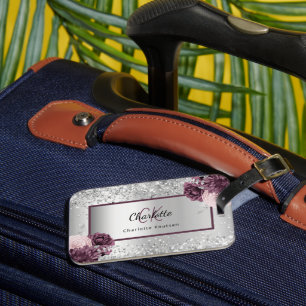 Etiqueta Para Maletas Flores burdeos plateadas elegante nombre de monogr