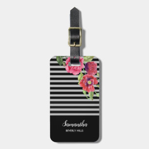 Etiqueta Para Maletas Flores color agua rojo y rosa franjas grises negra