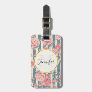 Etiqueta Para Maletas Flores color de agua rosada en franjas Monograma