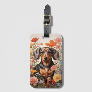 Etiqueta Para Maletas Flores Cute Brown Dachshund Y Cosmos