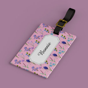 Etiqueta Para Maletas Flores de campo azules y lilas en rosa.