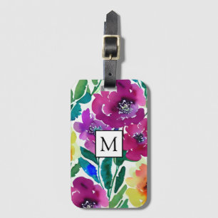 Etiqueta Para Maletas Flores de color de agua marrón y amarillo