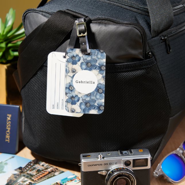 Etiqueta Para Maletas Flores de denim blanco azul (Anverso & Reverso)