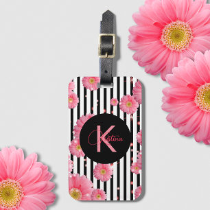 Etiqueta Para Maletas Flores De Gerbera Rosa En Rayas Negra Y Blanca