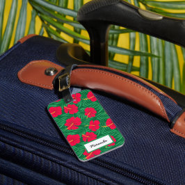 Etiqueta Para Maletas Flores de Hibisco Rojas en Hojas Tropicales Person