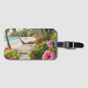 Etiqueta Para Maletas Flores de Hibiscus rosado en Hawaii Tropical Beach