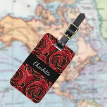 Etiqueta Para Maletas Flores de rosas negros rojos<br><div class="desc">Fondo negro decorado con rosas rojas con un falso purpurina de oro en la parte delantera. Personalice y agregue un nombre. Su información de contacto en la parte posterior.</div>