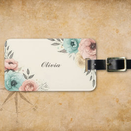 Etiqueta Para Maletas Flores Estilizadas al Acuarela con Efecto Esbozado