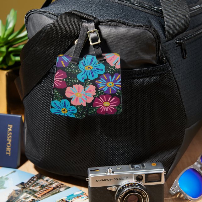 Etiqueta Para Maletas Flores grandes pasteles en negro (Anverso & Reverso)