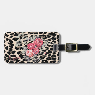 Etiqueta Para Maletas Flores modernas lindas en estampado de leopardo-pe