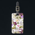 Etiqueta Para Maletas Flores moradas y blancas | Floral elegante<br><div class="desc">Patrón floral de bonito personalizado con tu nombre en la parte delantera. En la parte posterior,  los datos de contacto aparecen en un texto violeta profundo.</div>