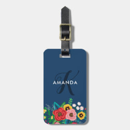 Etiqueta Para Maletas Flores populares de Boho - monograma azul profundo