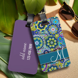 Etiqueta Para Maletas Flores retro coloridas con monograma