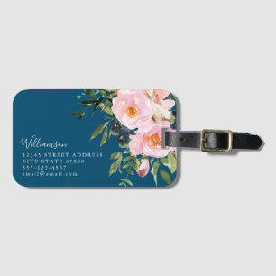 Etiqueta Para Maletas Flores Románticas Vintage en Azul Nombre Personali