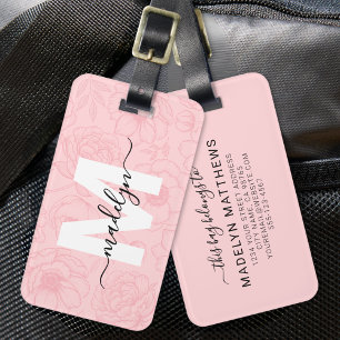 Etiqueta Para Maletas Flores Rosadas de Rubor Monograma Nombre