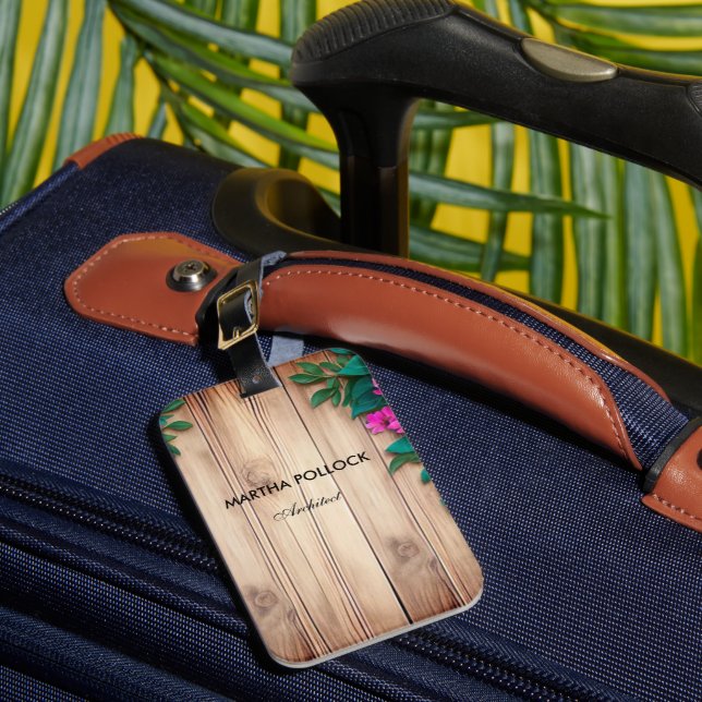 Etiqueta Para Maletas Flores rosas madera marrón (Anverso In situ 1)