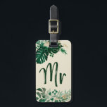 Etiqueta Para Maletas Foliage tropical Groom Trendy Sr Honeymoon Viaje<br><div class="desc">Foliage Tropical Trendy Greenery and Gold Leaves Personalizó al Sr. y a la Sra. Lumaletas Etiquetas - con borde de hoja tropical. Una idea de regalo para los recién casados, para la luna de miel que viaja, en una atrevida paleta de colores de ricos verdes, esmeralda y oro. Este diseño...</div>