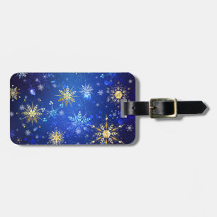 Etiqueta Para Maletas Fondo azul XMAS con copos de nieve dorados