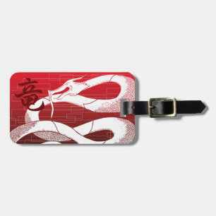 Etiqueta Para Maletas Fondo rojo del dragón japonés blanco