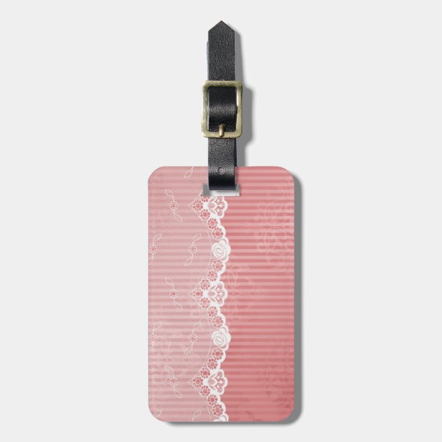 Etiqueta Para Maletas Fondo rosa y blanco con encaje negro (Frente Vertical)
