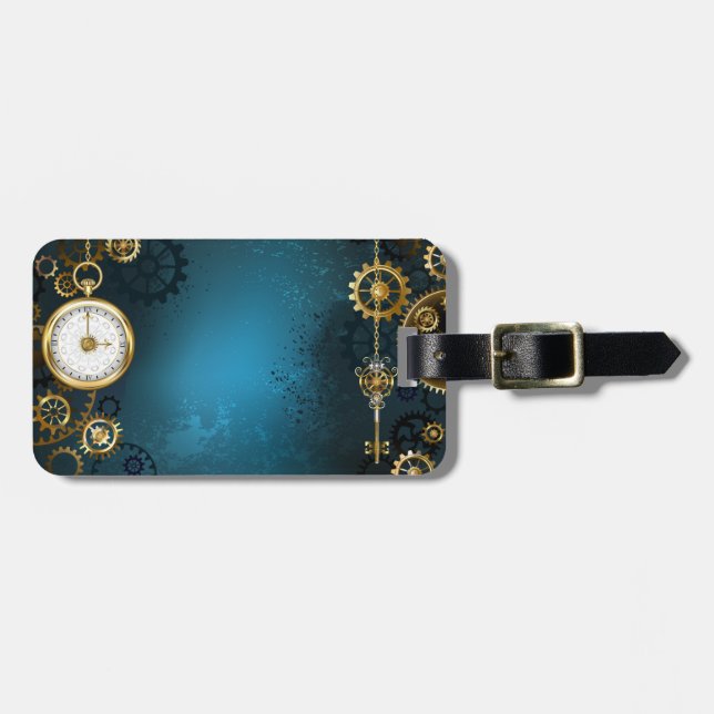 Etiqueta Para Maletas Fondo turquesa de vapor con engranajes (Frente Horizontal)