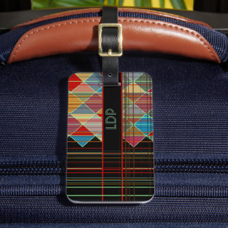 Etiqueta Para Maletas Formas triangulares rayadas con iniciales en negro