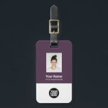 Etiqueta Para Maletas Foto Empresarial, Código de barras, logotipo, nomb<br><div class="desc">Personalice fácilmente esta etiqueta de equipaje de nombre de empleado del Personalizado con foto, código de barras de escaneo y logotipo comercial. Un sencillo diseño de negocio con colores puros de color morado completamente personalizable en tamaño delantero y trasero, fuentes sans-serif básicas y modernas y un aspecto profesional y claro....</div>