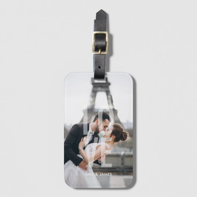 Etiqueta Para Maletas Foto personalizada "Love" Overlay (Anverso vertical)