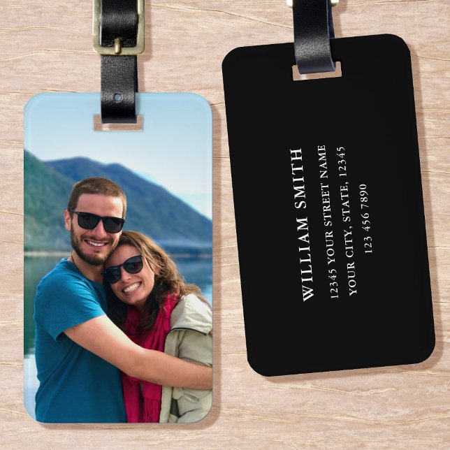 Etiqueta Para Maletas Foto personalizada Negro Simple Moderno (Subido por el creador)