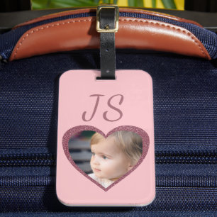 Etiqueta Para Maletas Fotos personalizadas de corazones rosados monogram