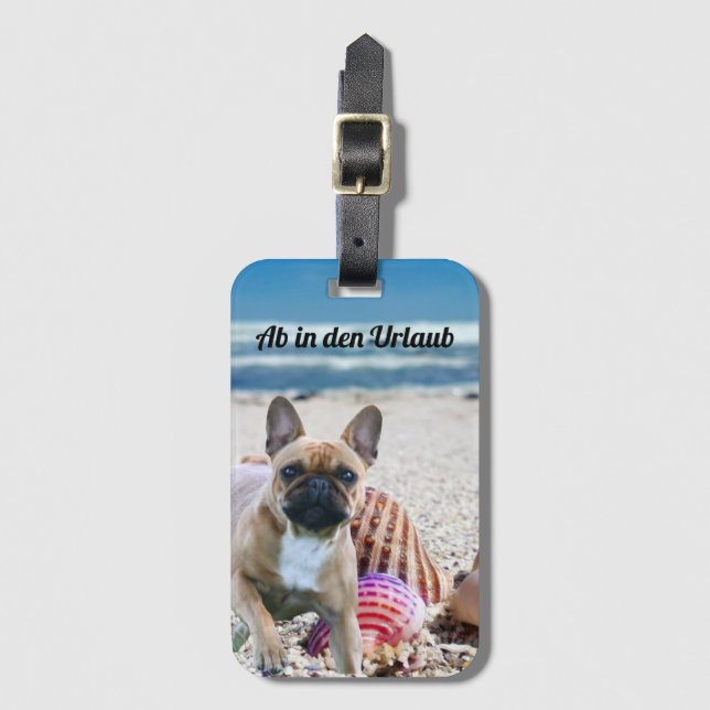 Etiqueta Para Maletas Französische Bulldogge am Strand    (Anverso vertical)